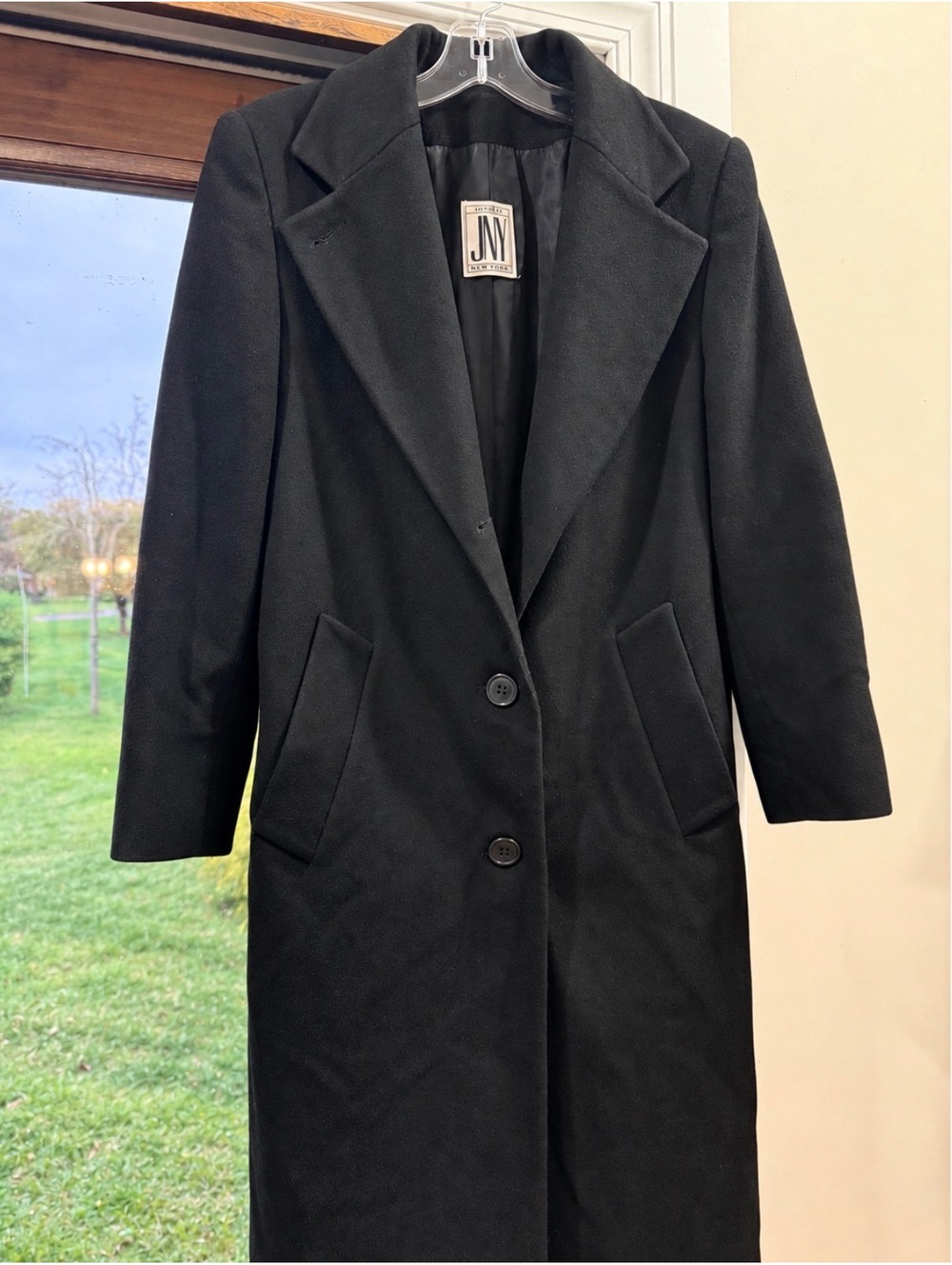 JNY Jones New York Women's Long Wool Coat Black Two-Button Notch Lapel
